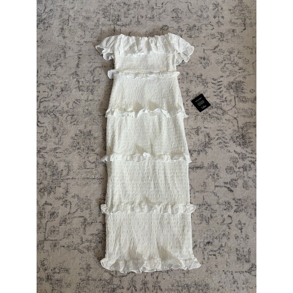 Lulus Eye-Catching Presence White Smock Tiered Strapless Midi Dress Small Beach - Picture 2 of 7